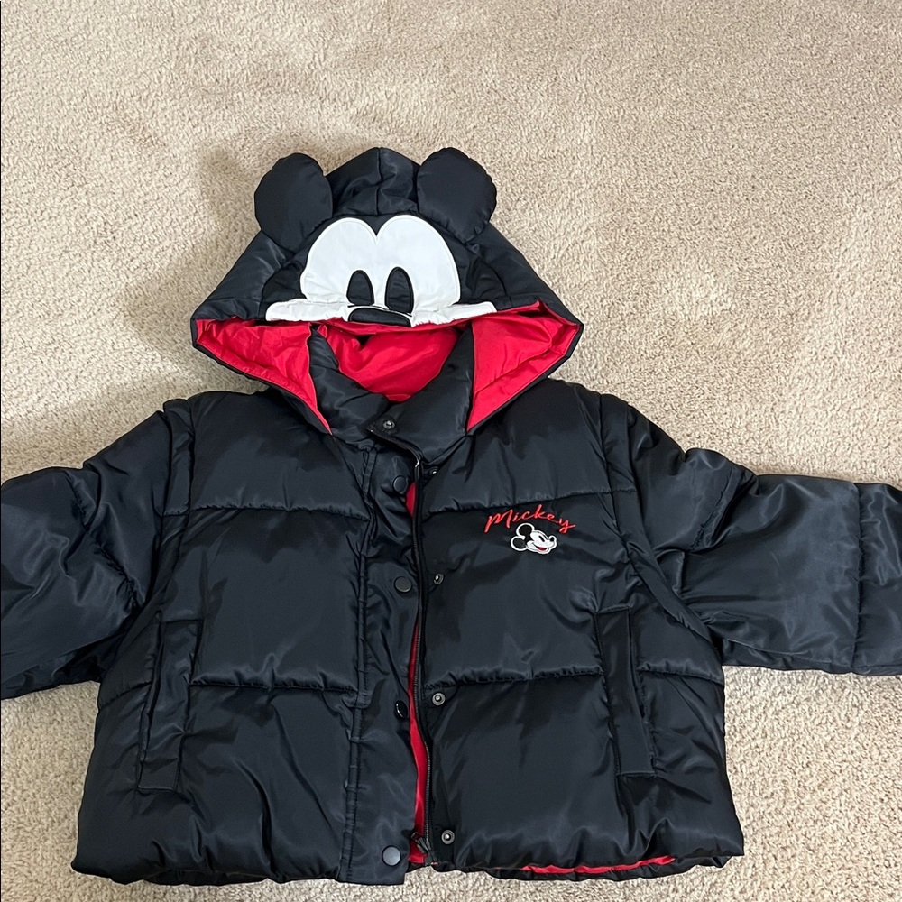 Disney Mickey Mouse Black and Red Cropped Puffer Jacket, sz Medium